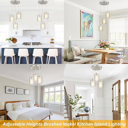 Brushed Nickel Cluster Pendant Lights, 3-Light Kitchen Island Pendant Light Fixtures with Clear Glass Shades, Adjustable Spiral Iron Dining Room Hanging Light Fixture
