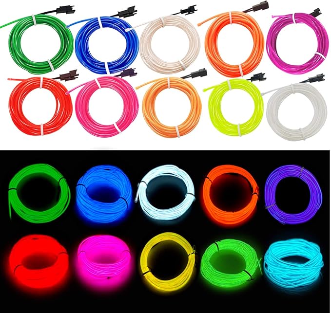 MaxLax EL Wire10 Pack, 16.4ft Neon Light Wire Noise Reduction with Battery Pack(10 Color)… (16.4ft)…