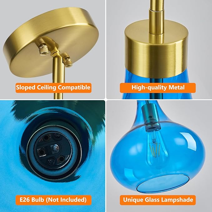 Modern Glass Pendant Light 9.44 in Blue Glass Shade Gold Farmhouse Island Pendant Lights for Kitchen Pendant Lighting Over Sink Bedroom Dining Room