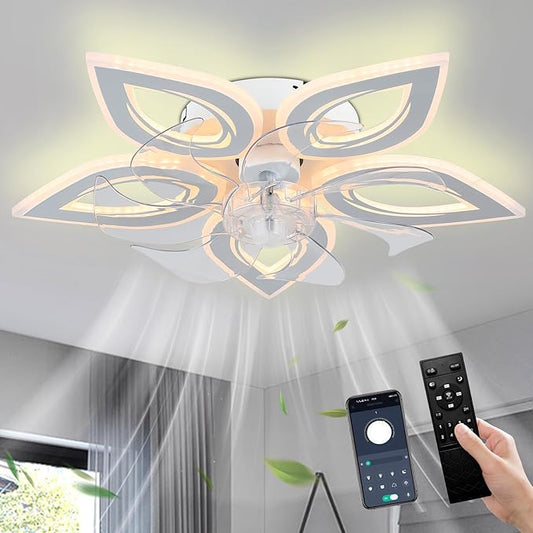 Ceiling Fans with Lights 20" Low Profile Flush Mount Fandelier Fan Lights Ceiling Fixtures with Remote/APP Control Dimmable 6 Speeds Reversible for Bedroom Chandelier Fan Living Room Kitchen