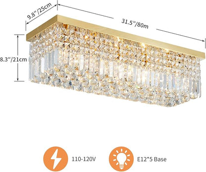 Saint Mossi 5-Lights Modern K9 Crystal Chandelier Light Fixture, Flush Mount Chandelier for Dinning Room, H9 x W10 x L31, Clear Crystal & Gold Finish