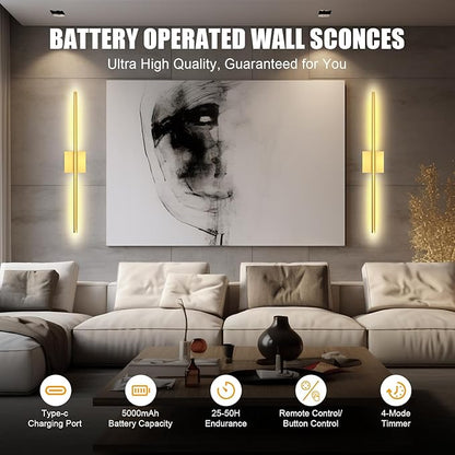 Battery Operated Wall Sconces Set of 2 Rechargeable LED Wall Lights, Dimmable 3000K-6500K, Battery Sconces Wall Decor for Bedroom Living Room Hallwayated Wall Sconce （2 Pack） (Gold, 28 INCH)