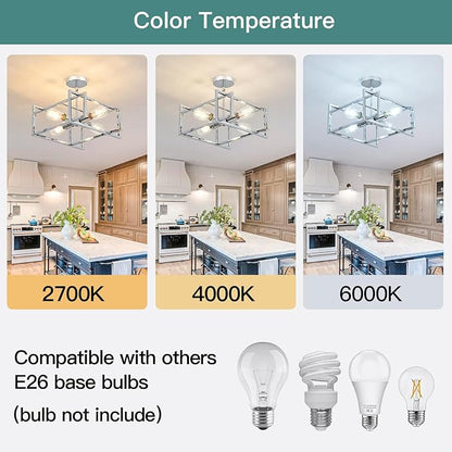 ZGLAOJT 4-Lights Ceiling Light Chrome Light Fixture Industrial Flush Mount Ceiling Light Farmhouse Chandelier Lighting for Kitchen Island Dining Room Bedroom Foyer Hallway.
