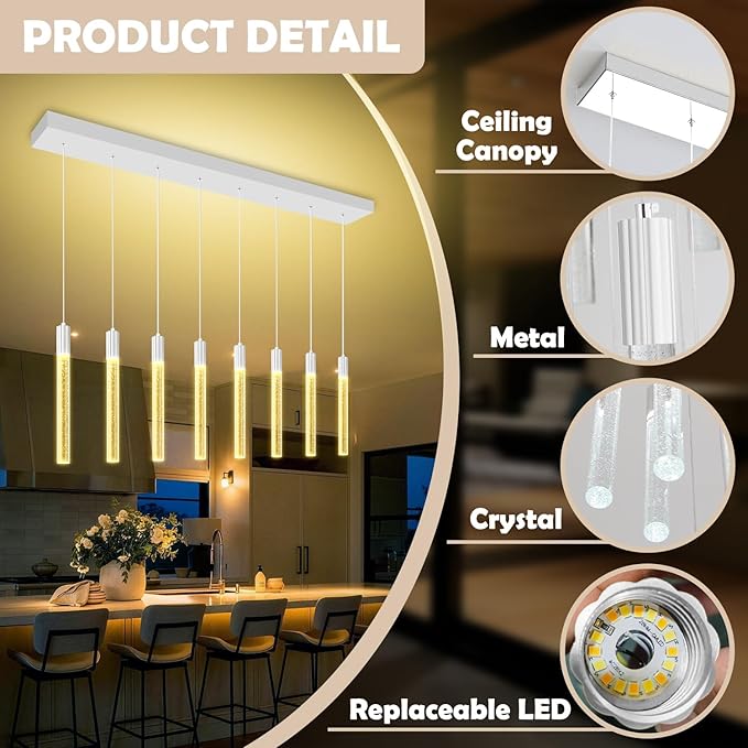 8-Light Silver Rectangular LED Chandelier, Bubble Crystal Column Chandeliers, Modern Dimmable Adjustable Height Hanging Light for Kitchen Island, Over Dining Room Table