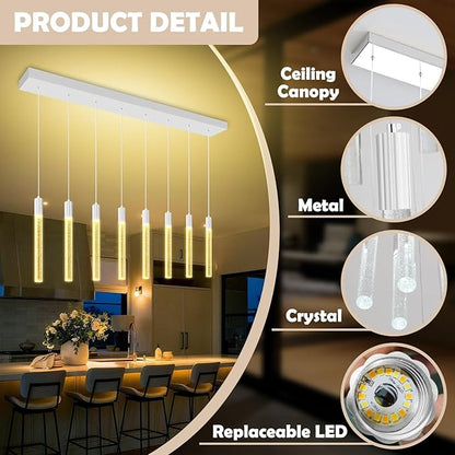 8-Light Silver Rectangular LED Chandelier, Bubble Crystal Column Chandeliers, Modern Dimmable Adjustable Height Hanging Light for Kitchen Island, Over Dining Room Table
