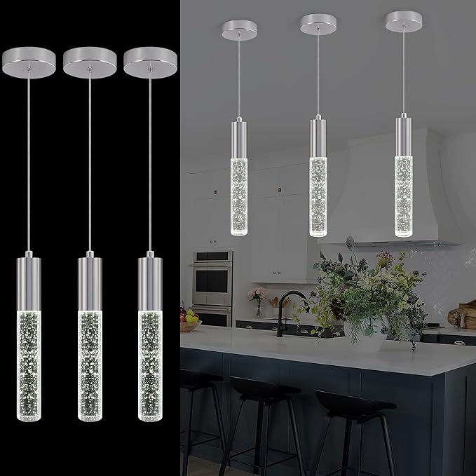 3-Pack Modern Crystal Pendant Light for Kitchen Island, Elegant Chrome LED Bubble Hanging Chandelier Lighting Fixture for Dining Room Bedside