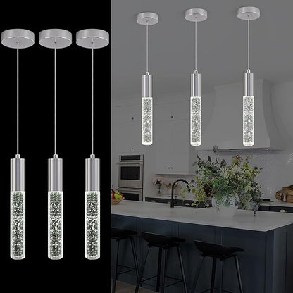 3-Pack Modern Crystal Pendant Light for Kitchen Island, Elegant Chrome LED Bubble Hanging Chandelier Lighting Fixture for Dining Room Bedside