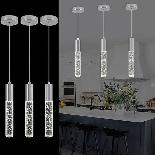 3-Pack Modern Crystal Pendant Light for Kitchen Island, Elegant Chrome LED Bubble Hanging Chandelier Lighting Fixture for Dining Room Bedside