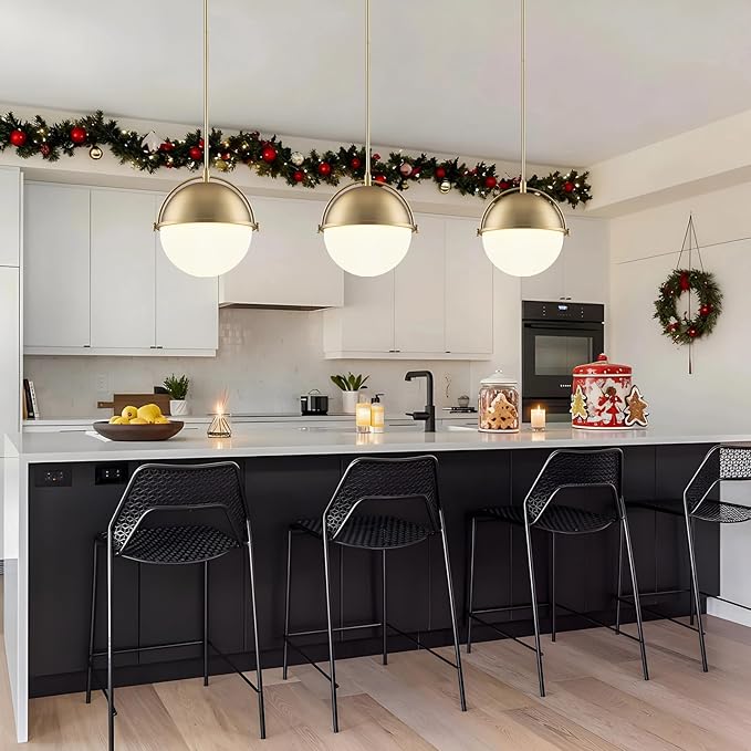 11.4 Inch Gold Globe Pendant Light Fixtures,Mid Century Modern Pendant Lights Kitchen Island with Milk Glass Shade, Adjustable Hanging Light Fixture for Kitchen Dining Room Bedroom Bathroom