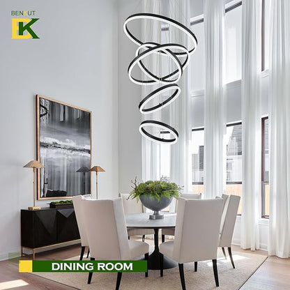 Benkut 5-Rings Modern LED Chandelier Black High Ceiling Chandelier with Remote Control Dimmable Pendant Lighting for Dining Room Foyer Living Room Entryway Staircase(3000K-6500K, D23.6in)