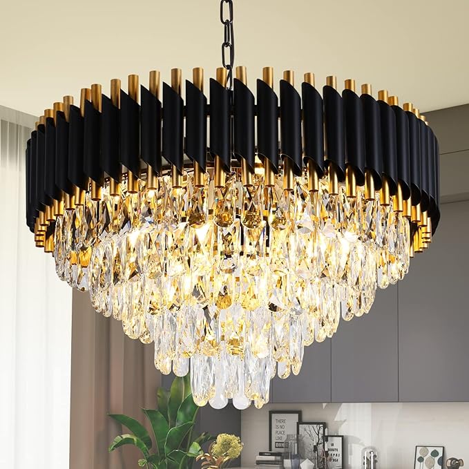 Modern Chandelier Gold and Black Chandeliers 5-Tier Chandelier Crystal Round Hanging Crystal Pendant Light Fixture for Dining Room Bedroom Living Room Foyer Farmhouse W24in 12 Lights