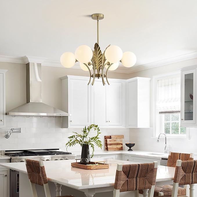 BOKT Mid Century Milk Glass Chandelier Gold G9 Ceiling Chandelier Light Industrial Metal Adjustable Pendant Lighting Farmhouse Large Globe Flush Mount Light Fixture for Dining Room Kitchen Indoor
