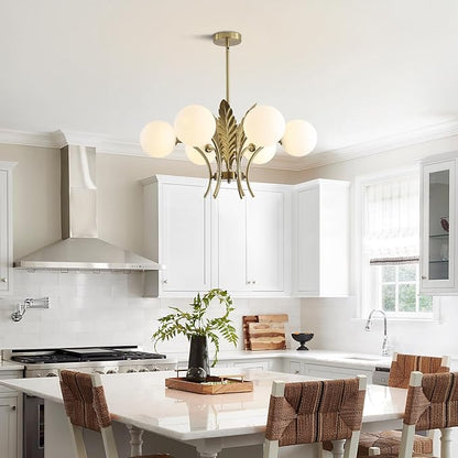 BOKT Mid Century Milk Glass Chandelier Gold G9 Ceiling Chandelier Light Industrial Metal Adjustable Pendant Lighting Farmhouse Large Globe Flush Mount Light Fixture for Dining Room Kitchen Indoor