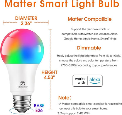 Energetic Light Bulbs Work with Alexa/Apple Home/Google Home/SmartThings, Matter Smart A19 LED Light Bulb, E26 RGB Smart Bulbs, 60W Equivalent, 800LM, 2.4 Ghz WiFi Only, Smart Speaker Required, 1 Pack