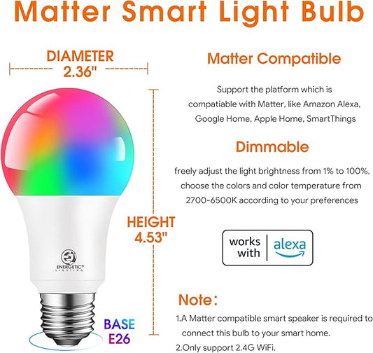 Energetic Light Bulbs Work with Alexa/Apple Home/Google Home/SmartThings, Matter Smart A19 LED Light Bulb, E26 RGB Smart Bulbs, 60W Equivalent, 800LM, 2.4 Ghz WiFi Only, Smart Speaker Required, 1 Pack