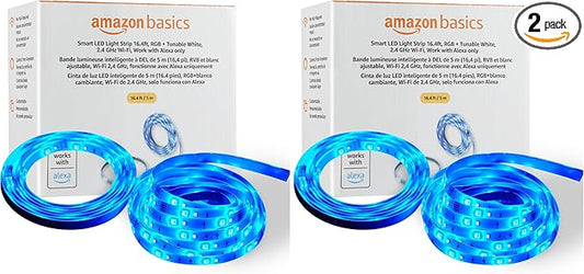 Amazon Basics Smart LED Light Strip, 16.4 Feet, RGB + Tunable White, Works with Alexa Only, 2.4 GHz Wi-Fi, No Hub Required (Pack of 2)