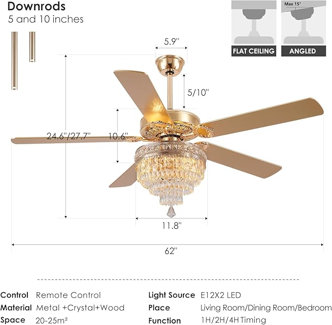 Asyko 62" Golden Crystal Ceiling Fan Fandelier with Lights - Modern Chandelier Fans with Remote Control，Noiseless DC Motor, Retro/Farmhouse Lighting, Dining Room,Living Room