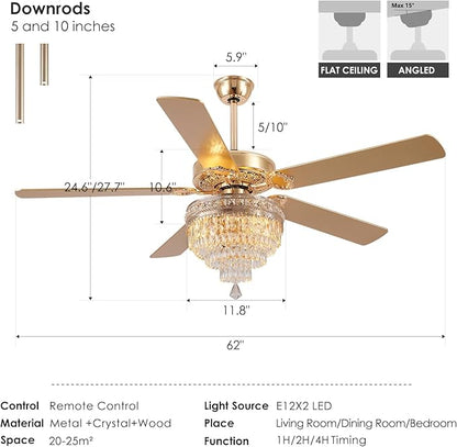 Asyko 62" Golden Crystal Ceiling Fan Fandelier with Lights - Modern Chandelier Fans with Remote Control，Noiseless DC Motor, Retro/Farmhouse Lighting, Dining Room,Living Room