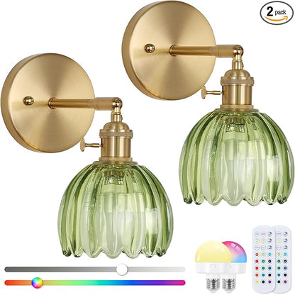 Vintage Wall Sconce Set of Two, Battery Operated Wall Sconce with Deep Green Tulip Glass Lampshade Rechargeable Wall Light with Remote Control for Bedroom,Living Room, Hallway, Aisle