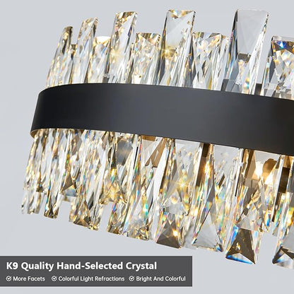 Modern Black Crystal Chandelier Lights, Round K9 Crystal Raindrop Chandelier, Pendant Ceiling Light for Dining Living Room Bedroom Entryway, Diameter 30 inches