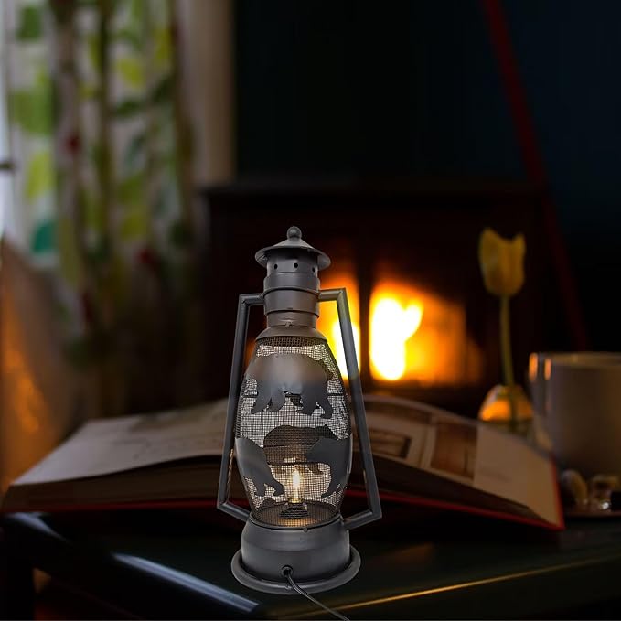 BestGiftEver Rustic Bear Lantern Table Lamp – Vintage Metal Nightlight with Electric Cord – Cabin, Lodge, Woodland Décor