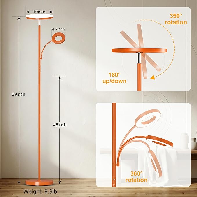 marctronic Orange Floor Lamp, 42W 4000LM Super Bright LED Lamp with Reading Light for Living Room Bedroom Office, Touch Control, Dimmable Standing Lamp with Remote