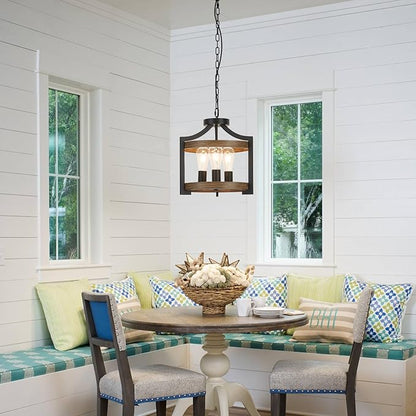 3-Light Farmhouse Chandelier, 14.17" Black Metal Faux Wood Pendant Light Fixtures, Hanging or Semi Flush Mount Rustic Chandelier for Dining Room, Foyer, Living Room, Kitchen