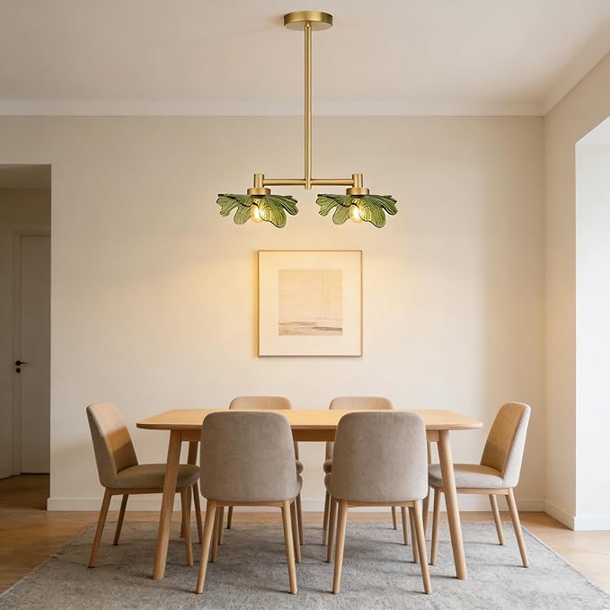 2-Light Modern Green Glass Chandelier, Gold Pendant Light with Leaf-Shaped Shades, Adjustable Height Industrial Farmhouse Chandelier for Dining Room, Kitchen Island, Foyer