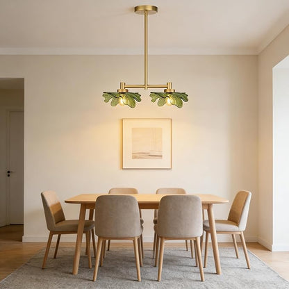 2-Light Modern Green Glass Chandelier, Gold Pendant Light with Leaf-Shaped Shades, Adjustable Height Industrial Farmhouse Chandelier for Dining Room, Kitchen Island, Foyer