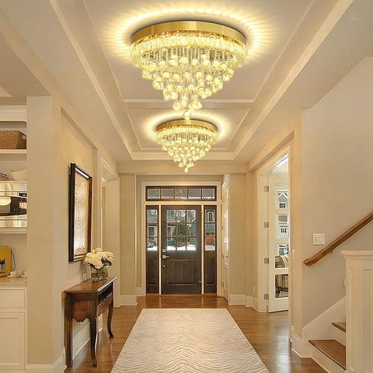Dia 24" Modern Crystal Chandeliers for Dining Room,Gold Raindrop Chandelier Flush Mount Chandeliers for Living Room Bedrooms Dining Room Dimmable 2700k 4500k 6000k