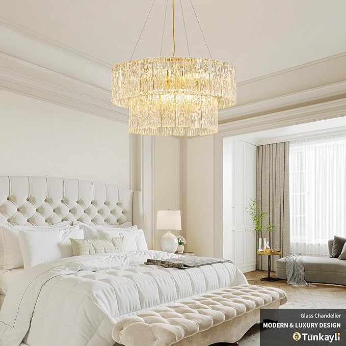 24" Modern Gold Crystal Chandelier Living Room 8-Light Crystal Elegant Lighting Large Glass Chandelier Luxury 2-Tier Round Chandeliers for Dining Room Foyer Living Room Bedroom