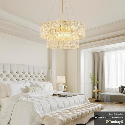 24" Modern Gold Crystal Chandelier Living Room 8-Light Crystal Elegant Lighting Large Glass Chandelier Luxury 2-Tier Round Chandeliers for Dining Room Foyer Living Room Bedroom