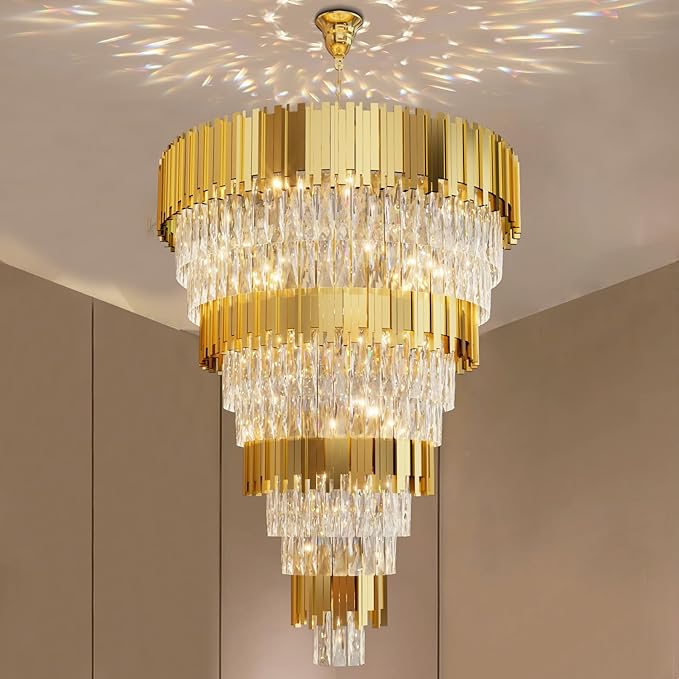 11-Tier K9 Crystal Chandelier, 32" Modern Gold Adjustable Height Pendant Light, Luxury Round Chandeliers for High Ceiling, Foyer, Staircase, Entryway, Two-Story Living Room