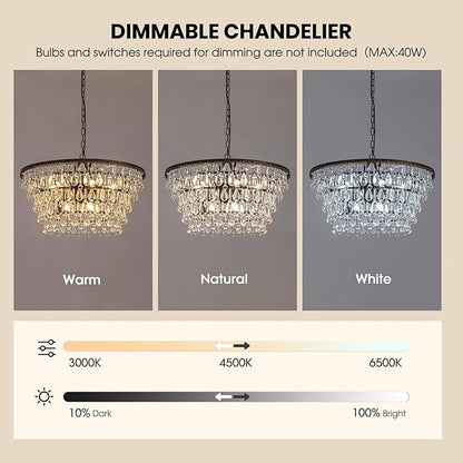 7PM Vintage Crystal Chandelier for Dining Room,28-inch Antique Crystal Ceiling Light Fixture, 5-Tier Bronze Chandelier for Living Room, Kitchen Island, Bedroom, Entryway