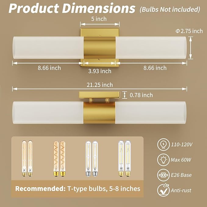 Kalium Bathroom Wall Sconce Fixture, 21 Inch Modern Vanity Lights with Frosted Glass Shade, Indoor Sconces Lighting Wall Decor Lamps for Bathrooms Living Room Stairs Bedroom (Gold)