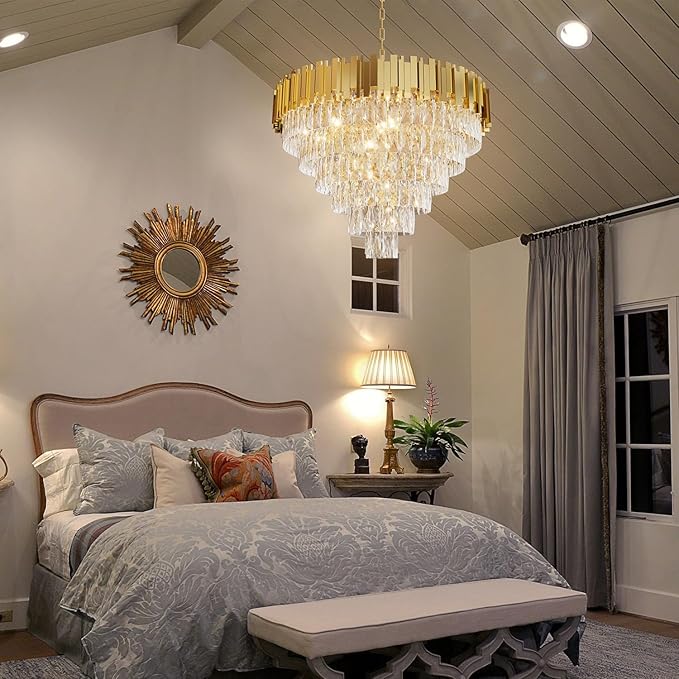 Modern Crystal Chandelier 32" Round K9 Crystal Ceiling Light Adjustable Gold 6-Tier Chandelier with 13 Lights Elegant Fixture for Dining Room Living Room Foyer
