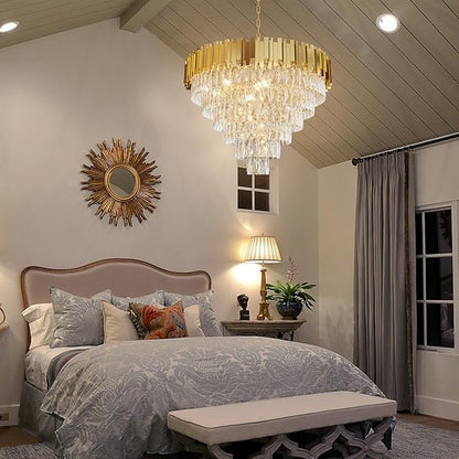 Modern Crystal Chandelier 32" Round K9 Crystal Ceiling Light Adjustable Gold 6-Tier Chandelier with 13 Lights Elegant Fixture for Dining Room Living Room Foyer