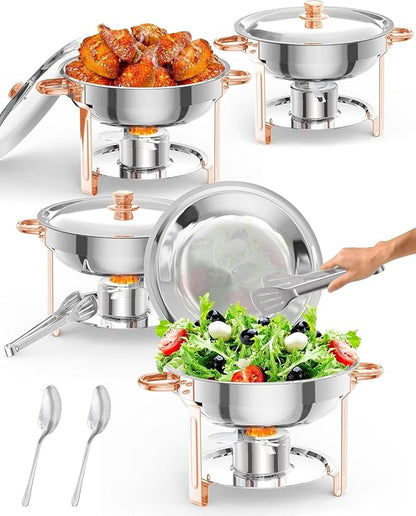 5QT 4 Packs Chafing Dish Buffet Set, Round Stainless Steel Chafers and Warmers Food Servers Sets with Lid & Lid Holder, Spoon & Tweezer for Catering Events Parties Weddings Dinners (Rose Gold, 4 Pack)