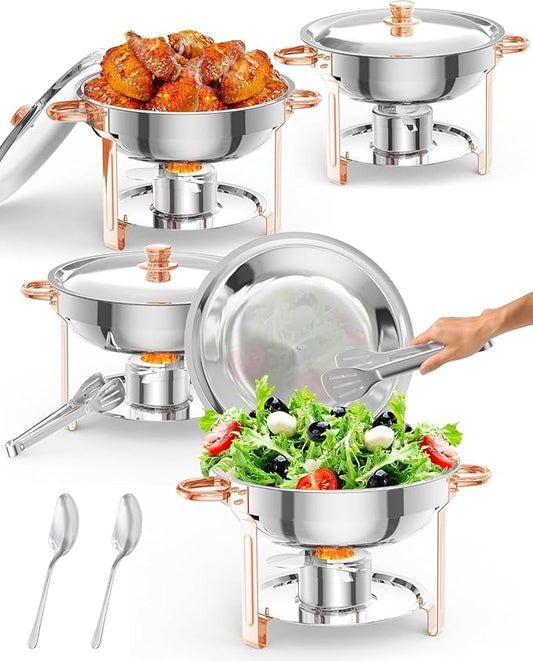 5QT 4 Packs Chafing Dish Buffet Set, Round Stainless Steel Chafers and Warmers Food Servers Sets with Lid & Lid Holder, Spoon & Tweezer for Catering Events Parties Weddings Dinners (Rose Gold, 4 Pack)