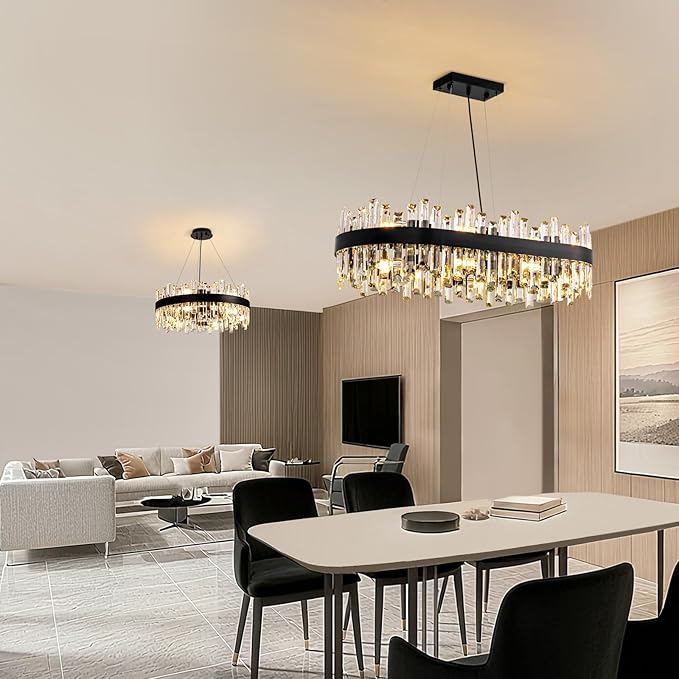 Modern Black Crystal Chandelier, 16-Light Rectangular 2-Tiers K9 Crystal Raindrop Chandelier, Luxury Flush Mount Hanging Ceiling Light for Dining Room Living Room Kitchen Island L35.4''