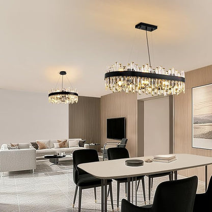 Modern Black Crystal Chandelier, 16-Light Rectangular 2-Tiers K9 Crystal Raindrop Chandelier, Luxury Flush Mount Hanging Ceiling Light for Dining Room Living Room Kitchen Island L35.4''