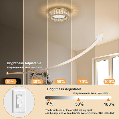 Crystal Gold Flush Mount Ceiling Light Fixture,Dimmable LED 5CCT 3000K-6000K Chandelier,11 Inch Modern Small 24W Round Lighting Fixtures for Kitchen Hallway Foyer Laundry Room