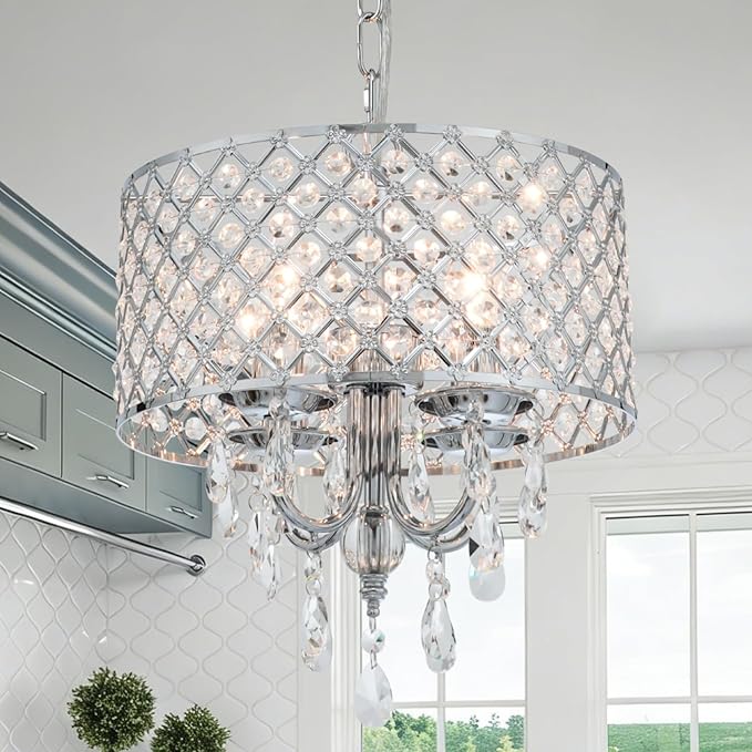 VILUXY Modern Crystal Chandelier Chrome French Country Pendant Light Small Hanging Ceiling Light Fixture Drum Shade for Bedroom, Kitchen Island, Girl Room, Dining Room 4-Light