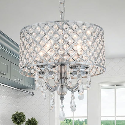 VILUXY Modern Crystal Chandelier Chrome French Country Pendant Light Small Hanging Ceiling Light Fixture Drum Shade for Bedroom, Kitchen Island, Girl Room, Dining Room 4-Light