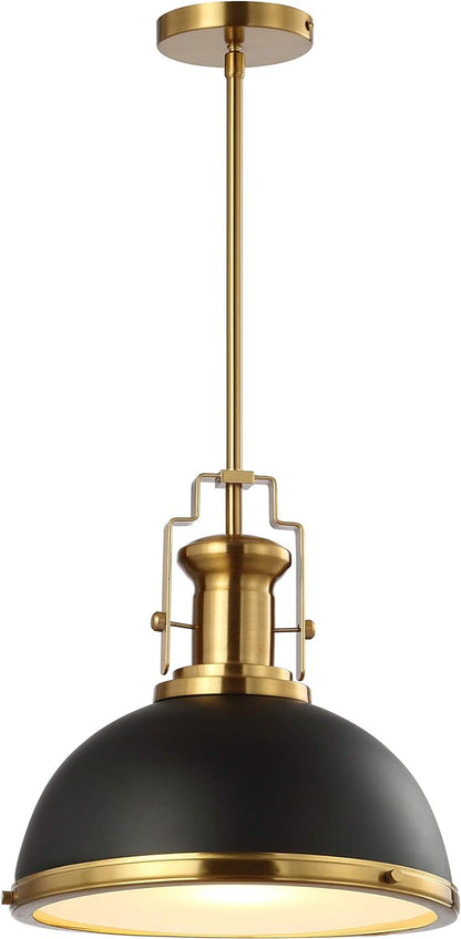 JONATHAN Y 13" Black/Brass Gold Modern Industrial Iron LED Dome Pendant Light, Adjustable Hanging Fixture for Kitchen Island or Entryway, Black Metal Shade, LED Bulb Included (JYL9536A)