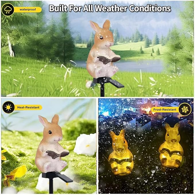 Solar Powered Rabbit Reading Lights, Garden Decorative Resin Cute Animal Ground lamp, Wireless Dusk to Dawn LED Lights Waterproof.