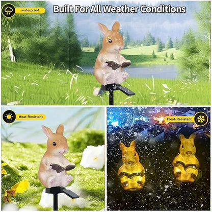 Solar Powered Rabbit Reading Lights, Garden Decorative Resin Cute Animal Ground lamp, Wireless Dusk to Dawn LED Lights Waterproof.