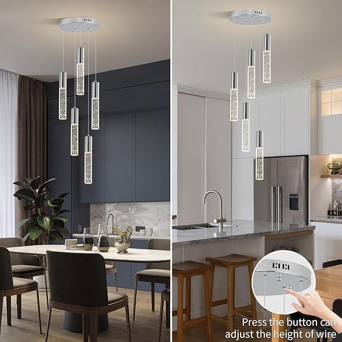 Modern Crystal Chandelier for Kitchen Island 5-Lights, Elegant Chrome LED Bubble Pendant Lighting Fixture for Dining Room Bedroom Entryway