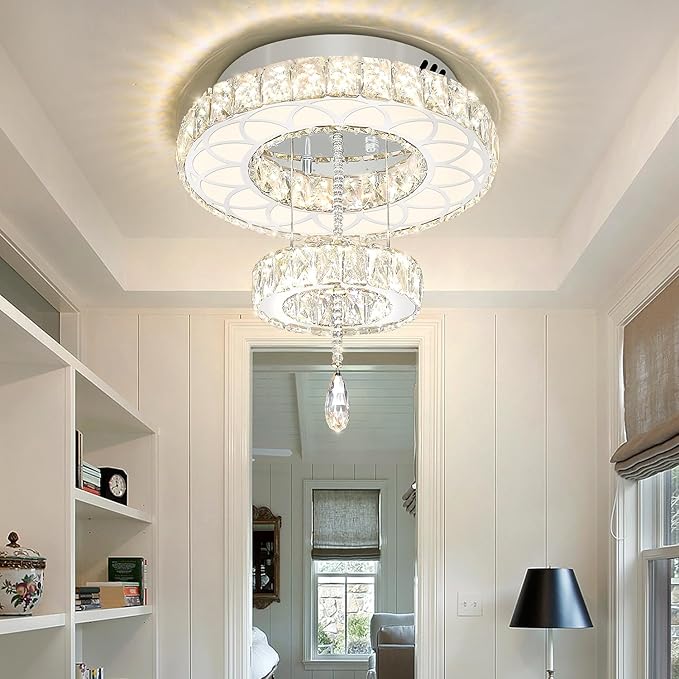 Flashing God Dia 16" Mini Chandelier Modern Crystal Chandeliers for Hallway LED Dimmable Flush Mount Ceiling Light for Dining Room Living Room Bedroom