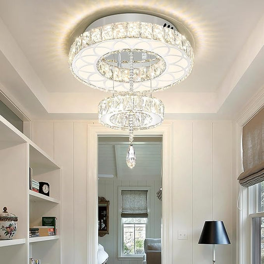 Flashing God Dia 16" Mini Chandelier Modern Crystal Chandeliers for Hallway LED Dimmable Flush Mount Ceiling Light for Dining Room Living Room Bedroom